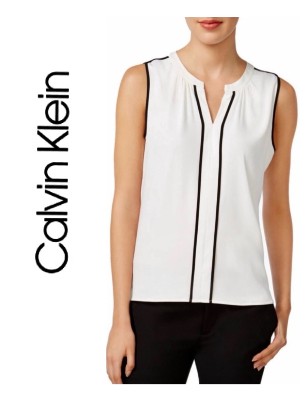 NEW Calvin Klein Sleeveless Contrast-Trim Blouse